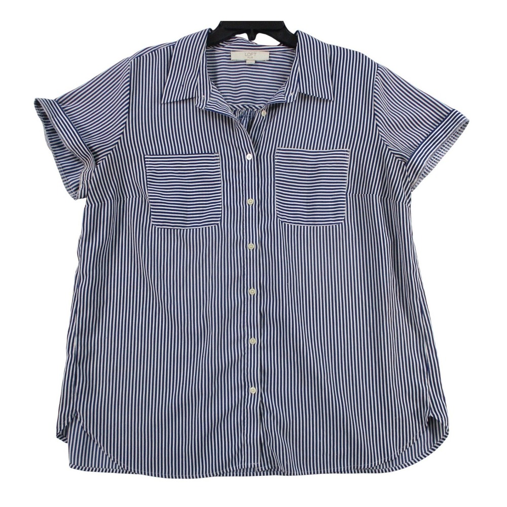Loft Plus Womens 16 Blouse Navy Blue White Striped Short Sleeve Button Up Shirt